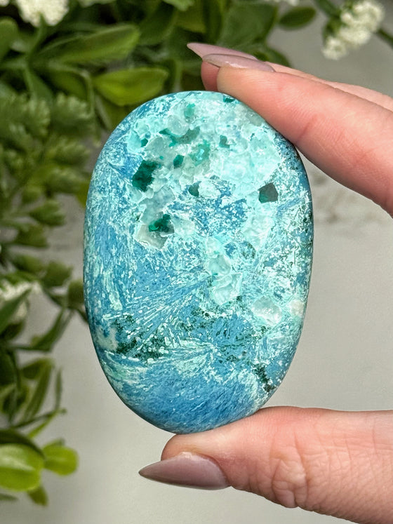 Shattuckite Dioptase Calcite Palmstone - #14
