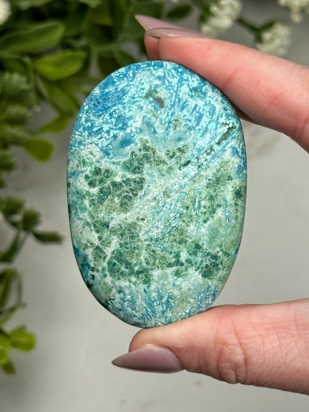 Shattuckite Dioptase Calcite Palmstone - #14