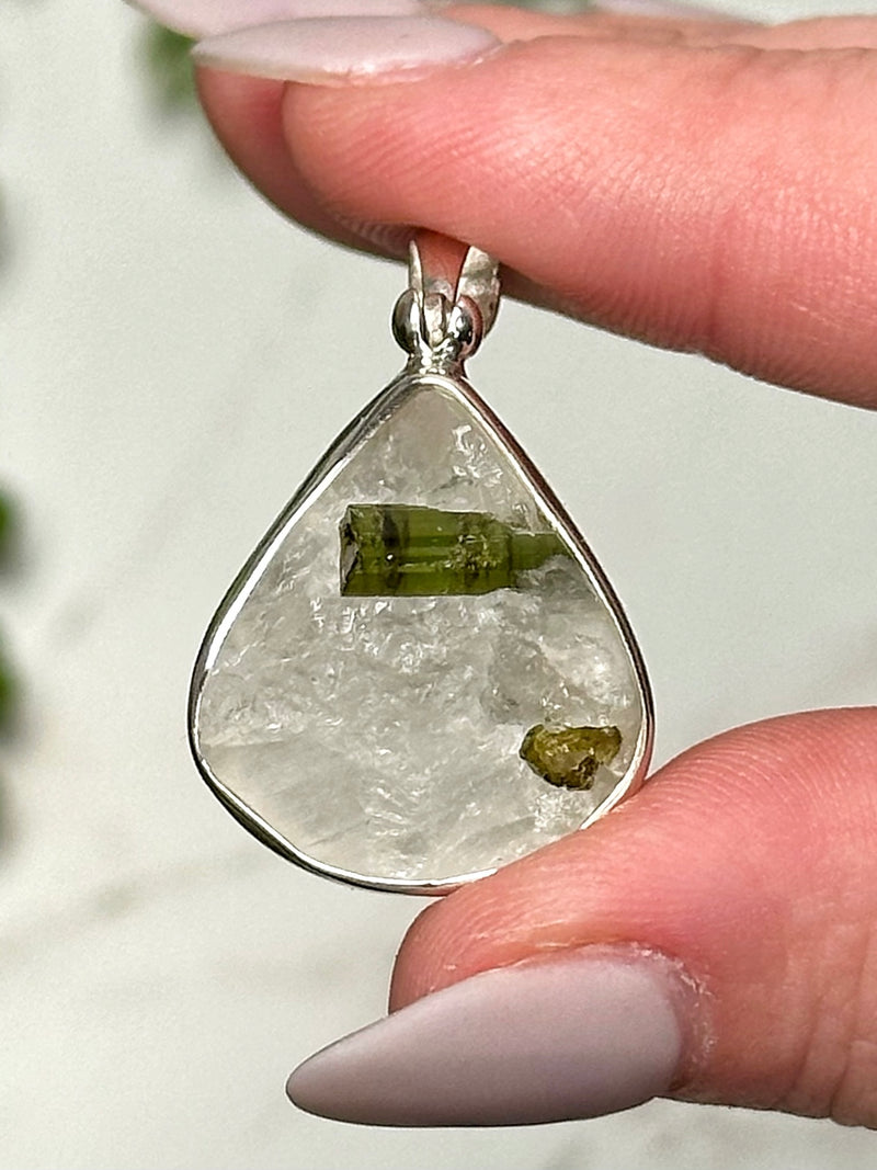 Green Tourmaline in Quartz Pendant - #1