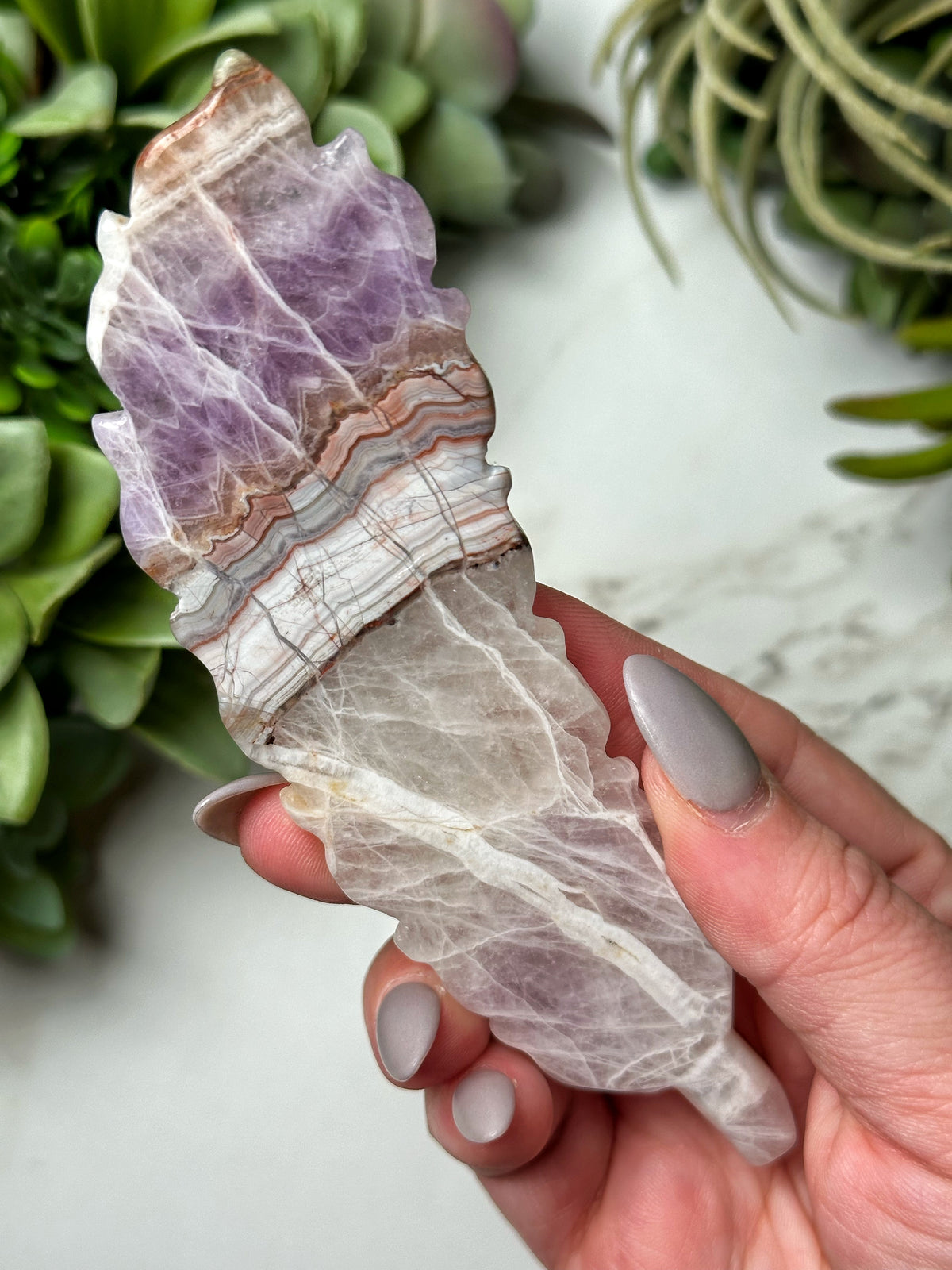 Crazy Lace Agate Amethyst Feather - #12