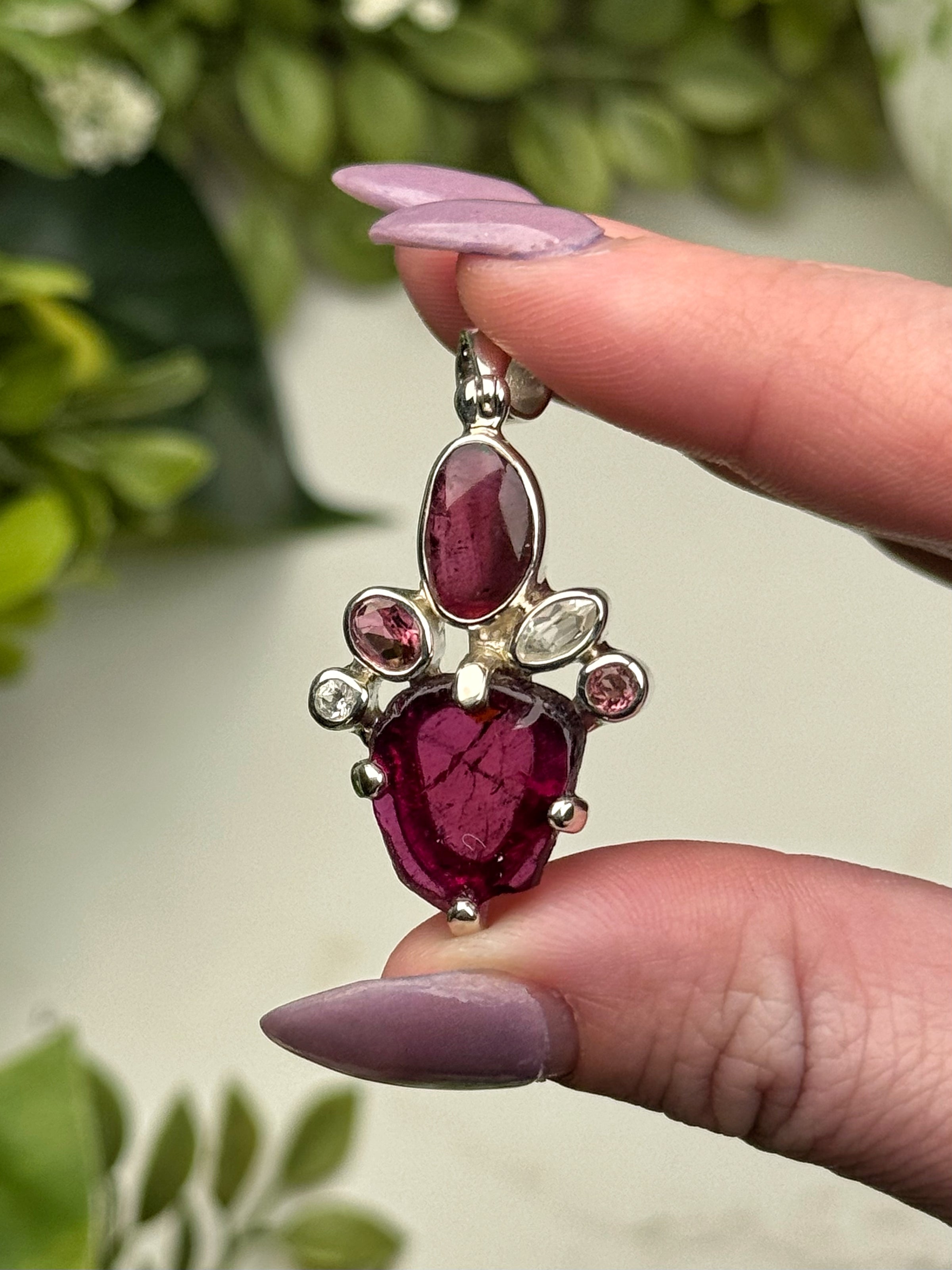 Pink Tourmaline & Rhodolite Garnet and White Topaz Pendant - #1