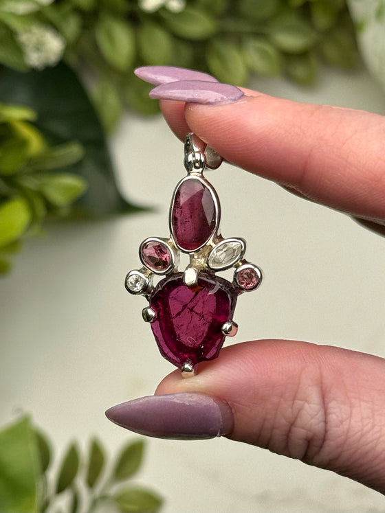 Pink Tourmaline & Rhodolite Garnet and White Topaz Pendant - #1