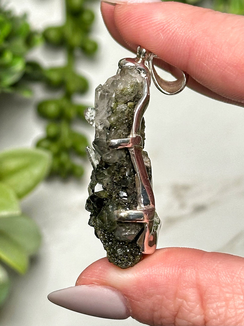 Raw Epidote in Quartz Pendant - #2