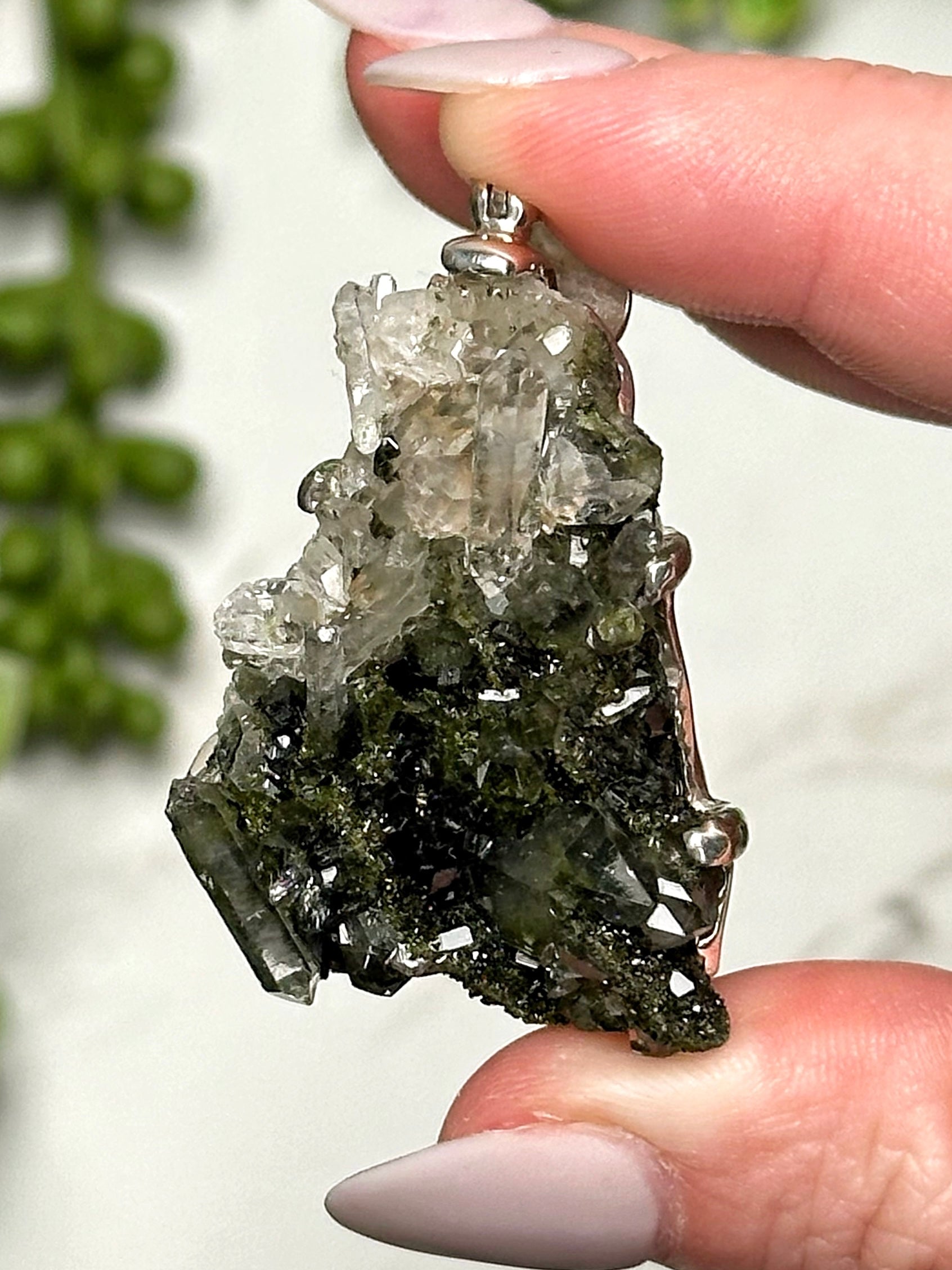 Raw Epidote in Quartz Pendant - #2