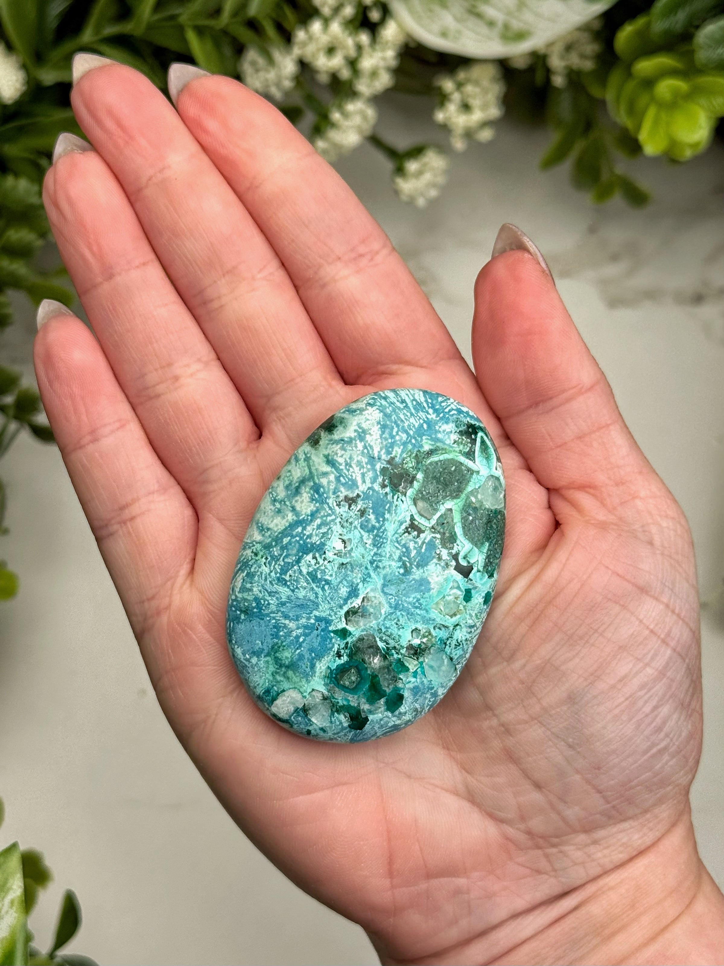 Shattuckite Dioptase Calcite Palmstone - #17