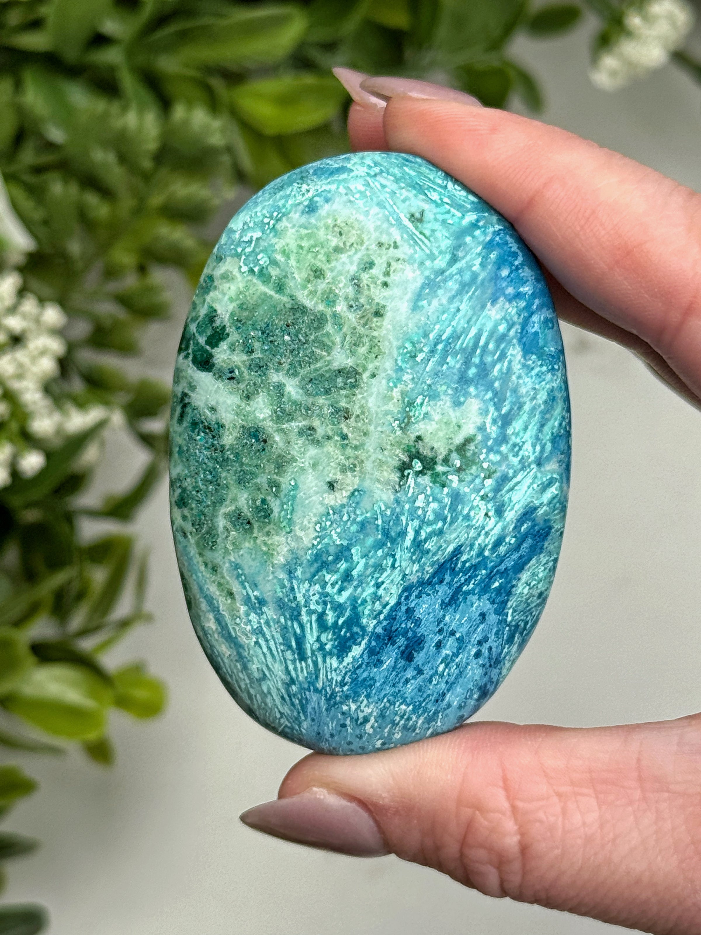 Shattuckite Dioptase Calcite Palmstone - #15