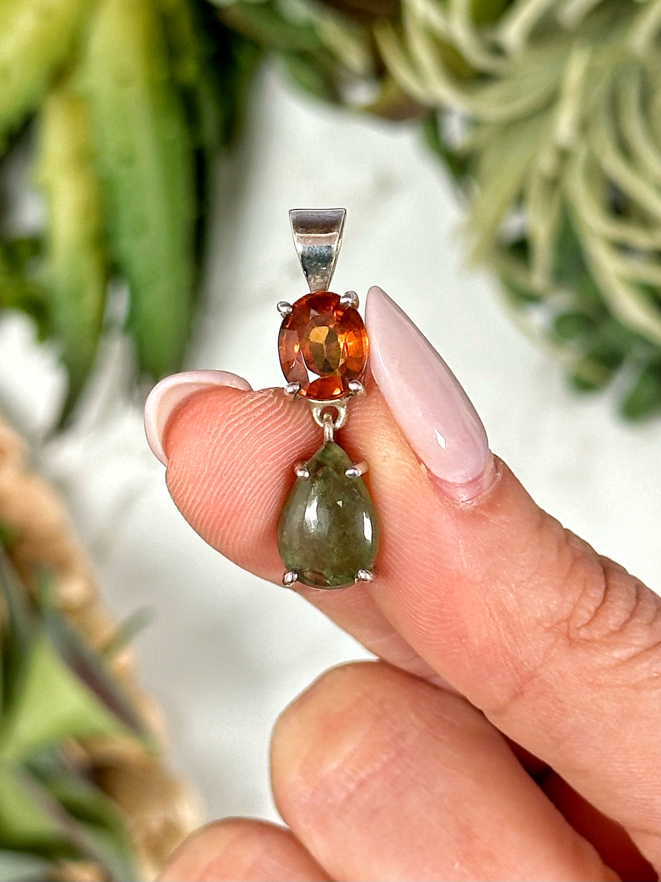 Polished Moldavite with Hessonite Garnet Pendant - #222