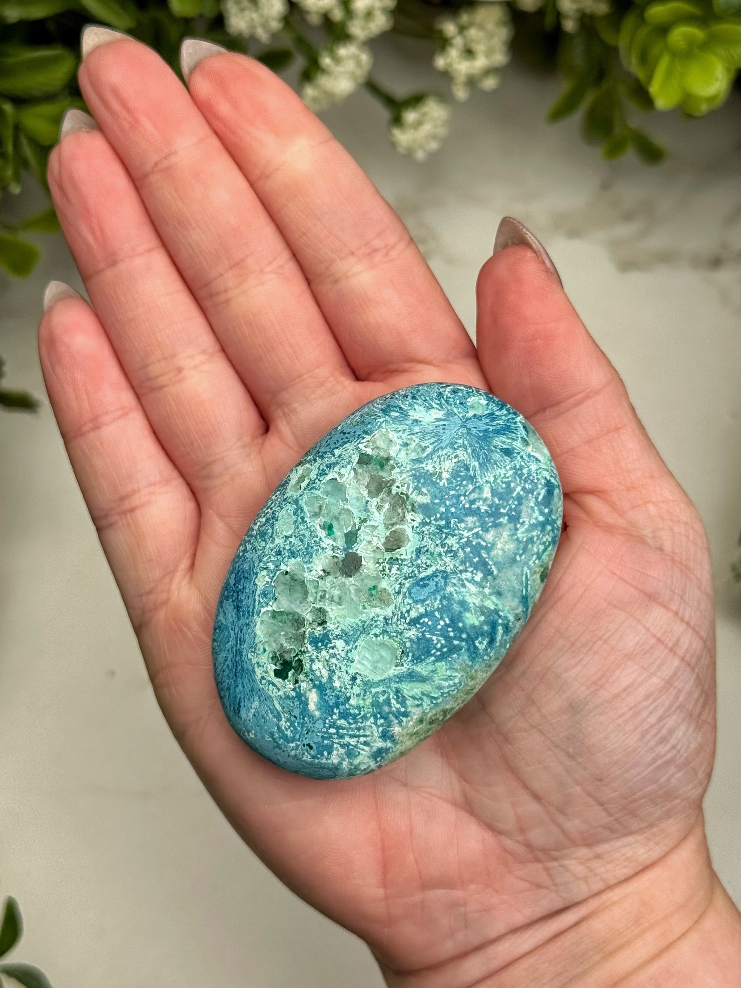Shattuckite Dioptase Calcite Palmstone - #15