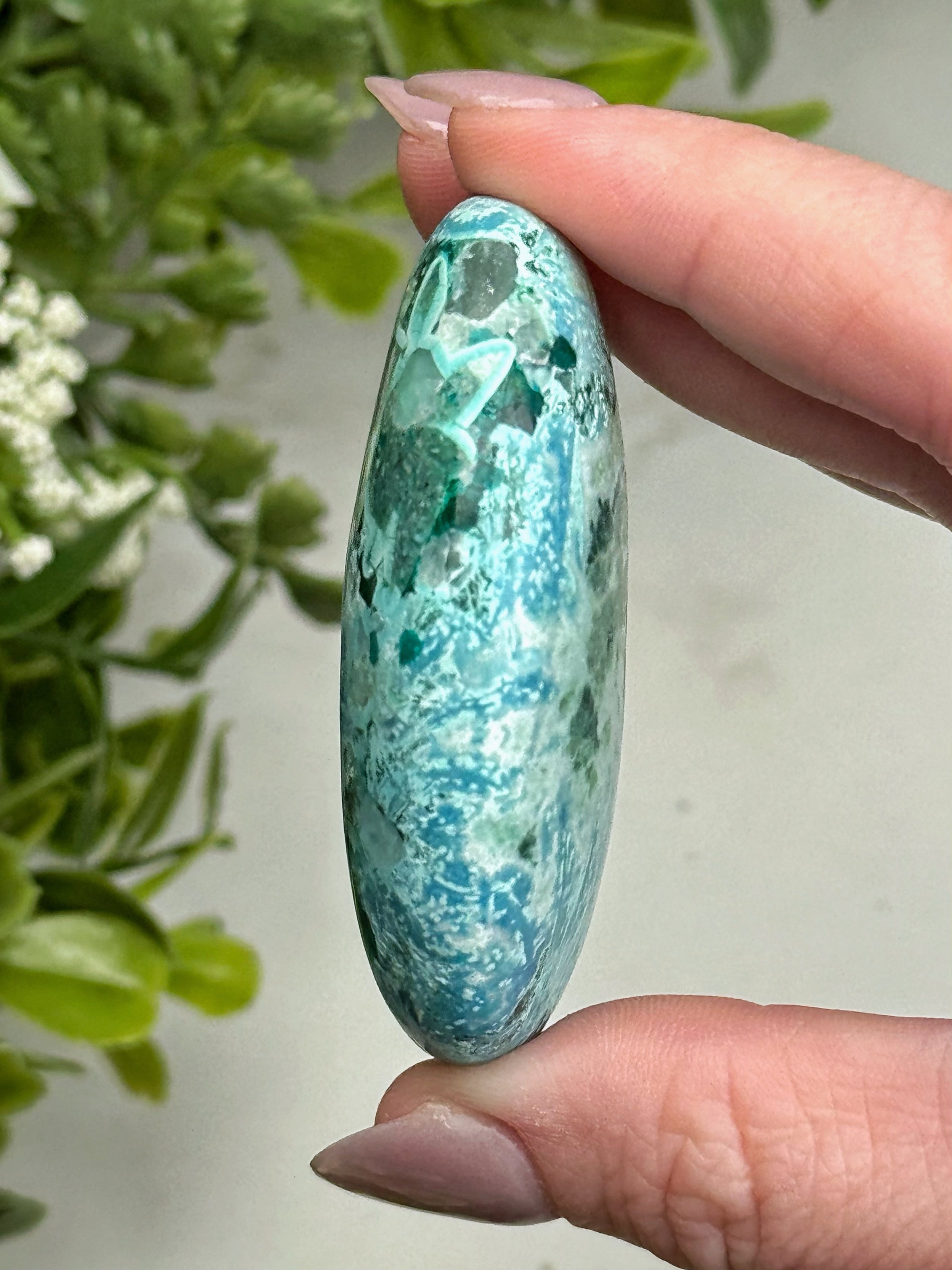 Shattuckite Dioptase Calcite Palmstone - #17