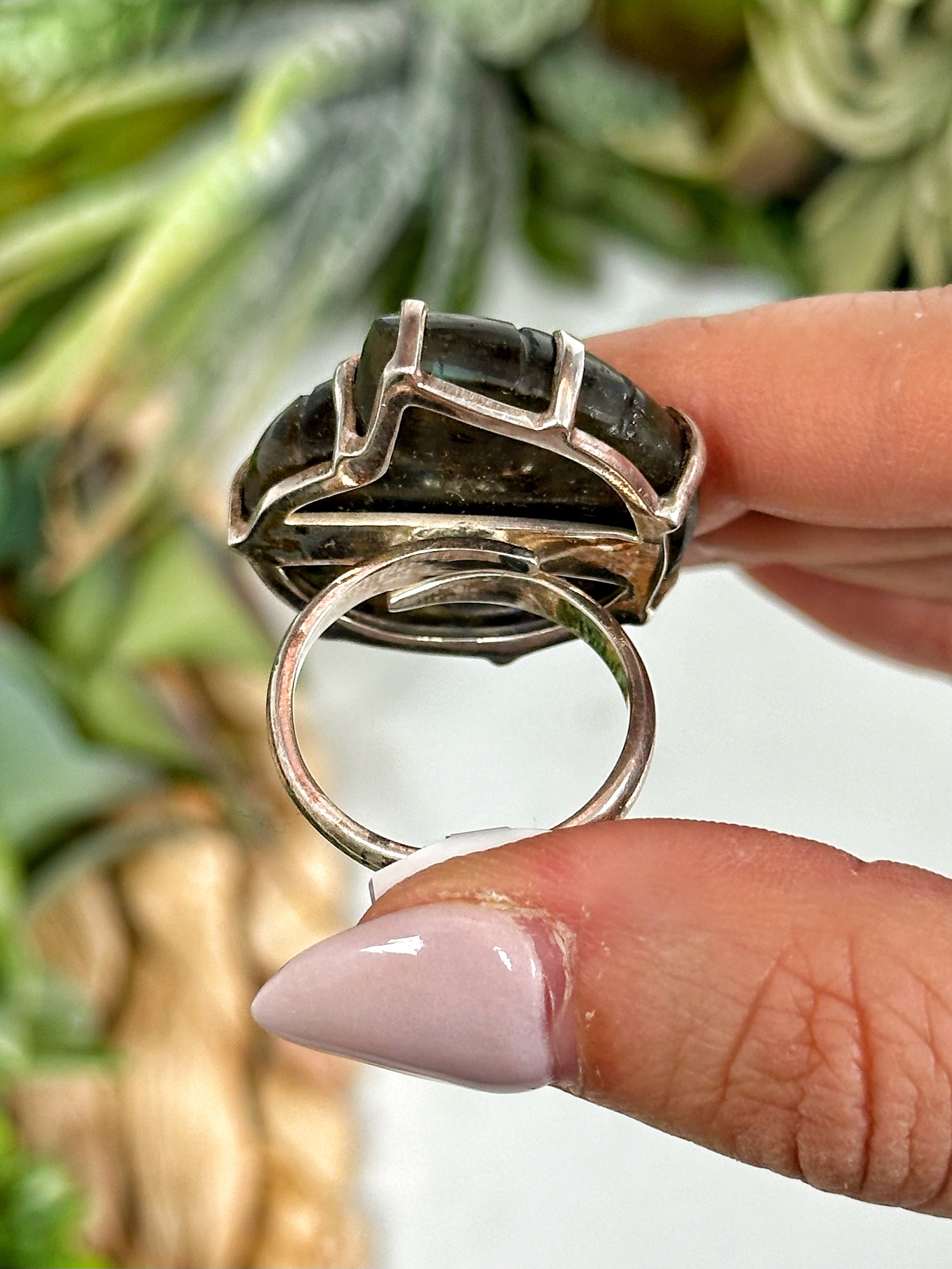 Labradorite Shaped into Ammonite Ring - #1