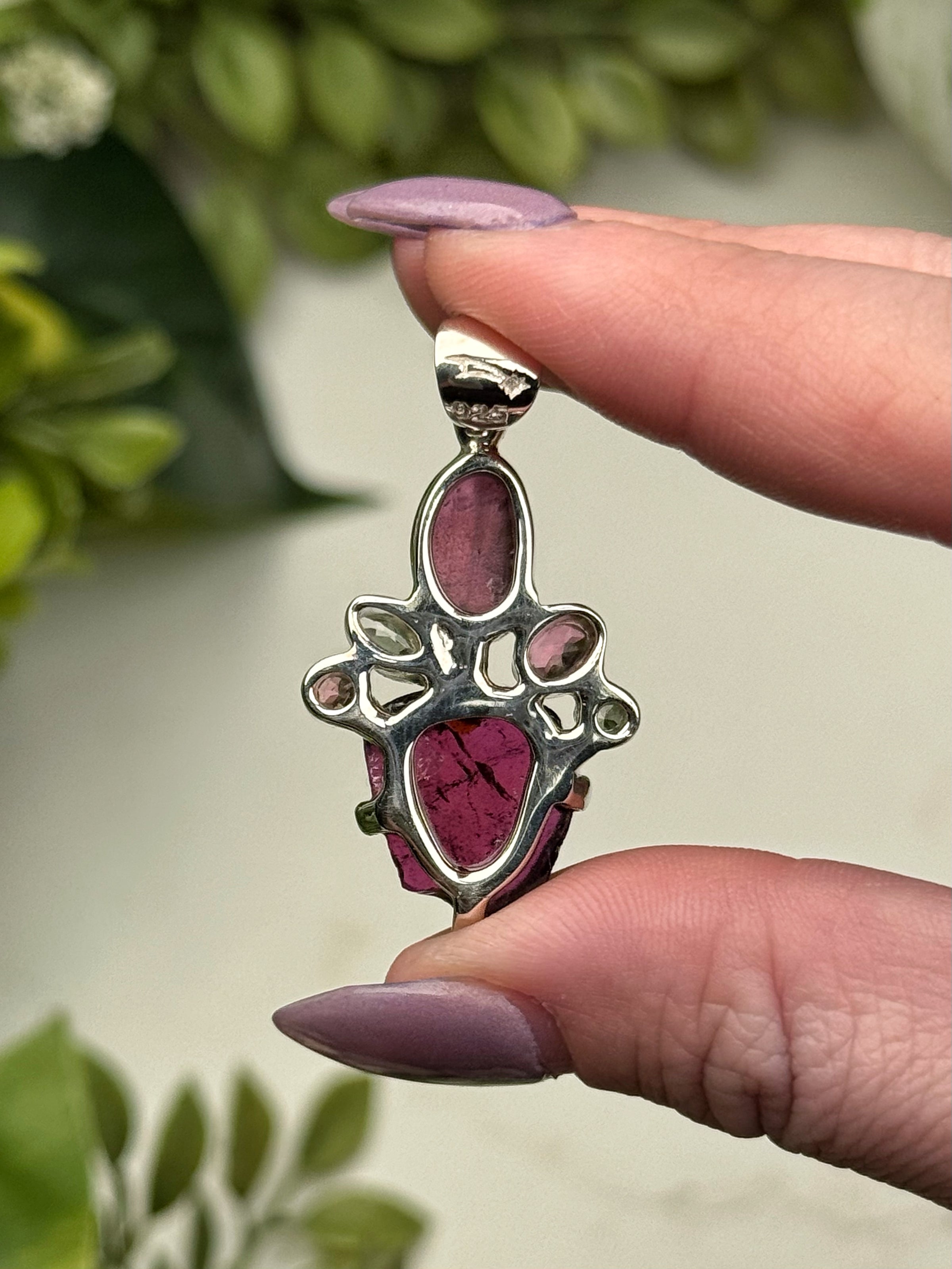 Pink Tourmaline & Rhodolite Garnet and White Topaz Pendant - #1