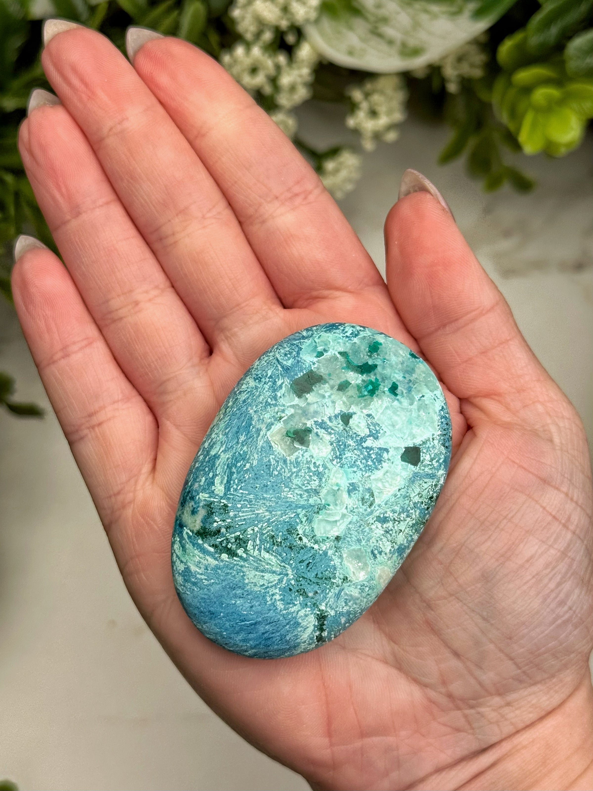 Shattuckite Dioptase Calcite Palmstone - #14