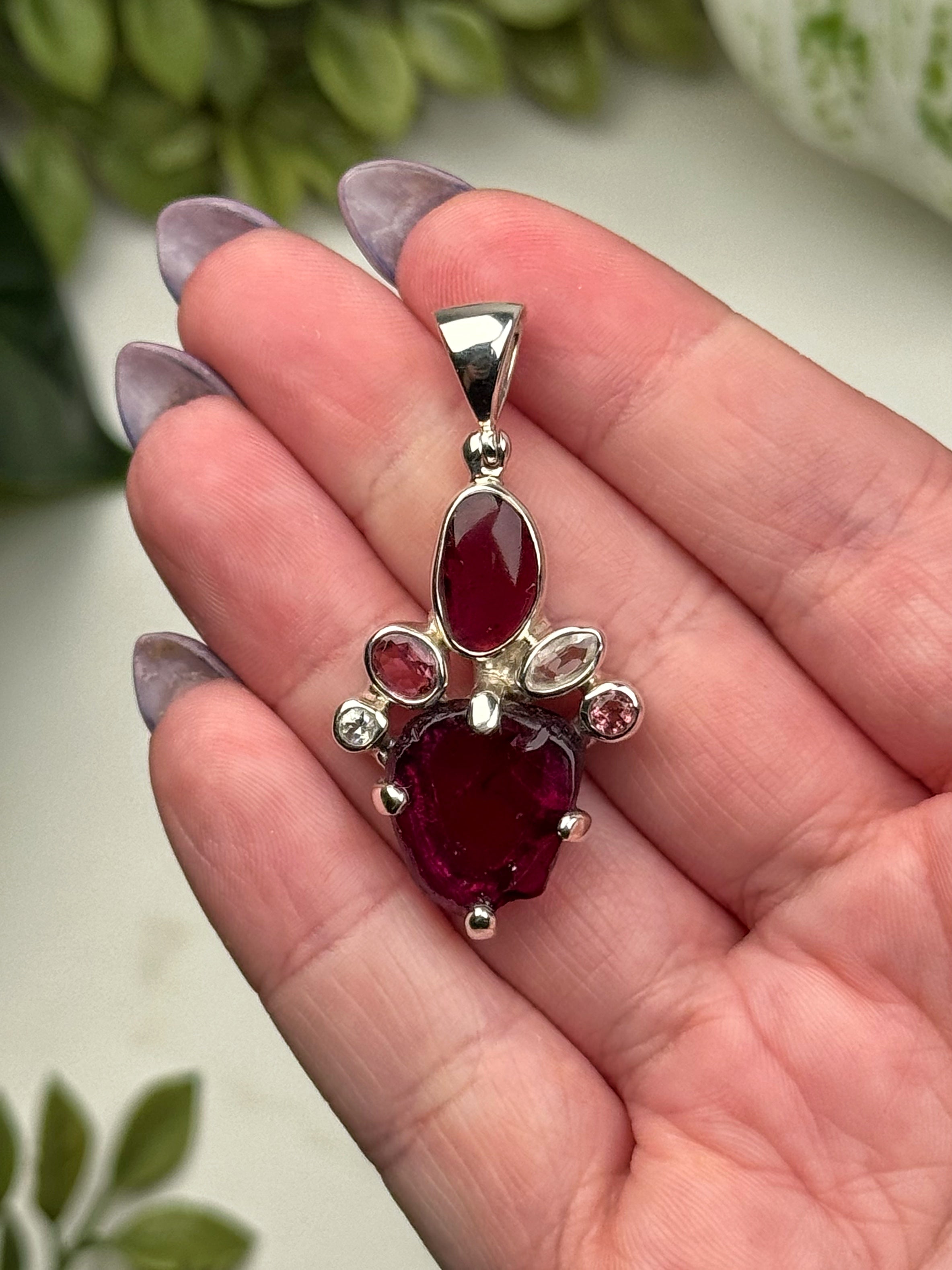 Pink Tourmaline & Rhodolite Garnet and White Topaz Pendant - #1