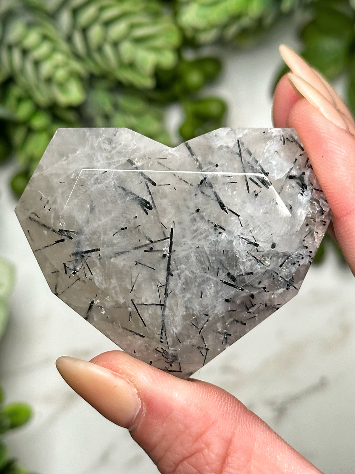 Black Tourmaline in Quartz Faceted Heart - #8