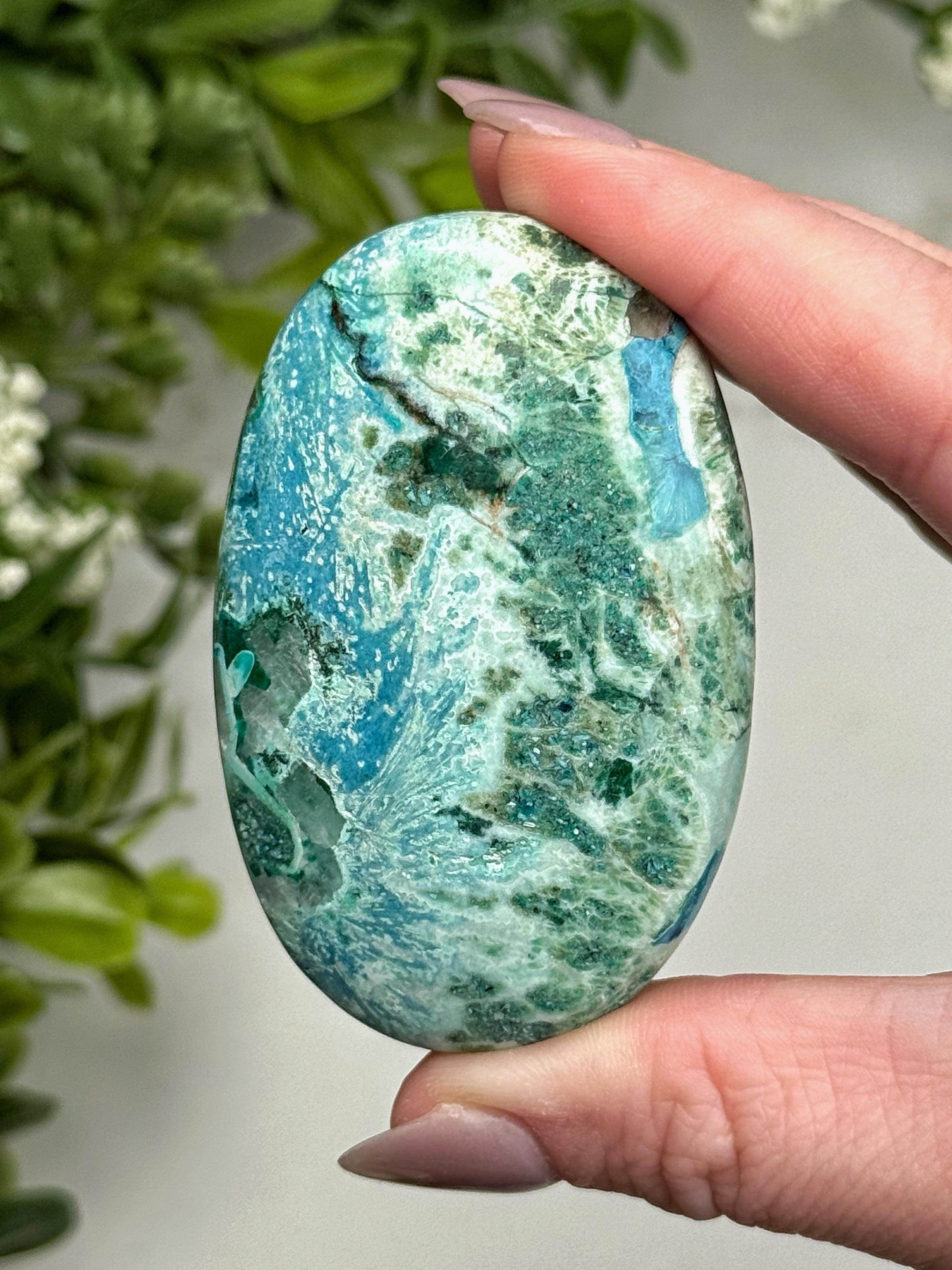 Shattuckite Dioptase Calcite Palmstone - #16